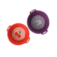 Small Round Raffia Basket Embroidered Cherries or Iris By Rice DK